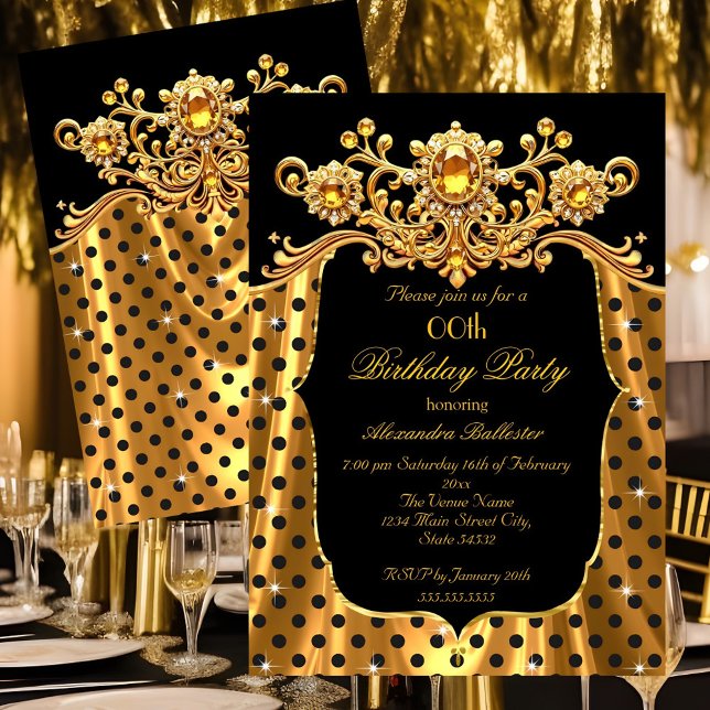 Invitation Fête d'anniversaire élégante Soie Or Noir Points P (Créateur téléchargé)