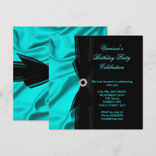 Invitation Fête d'anniversaire élégante Soie sarcelle bleu no