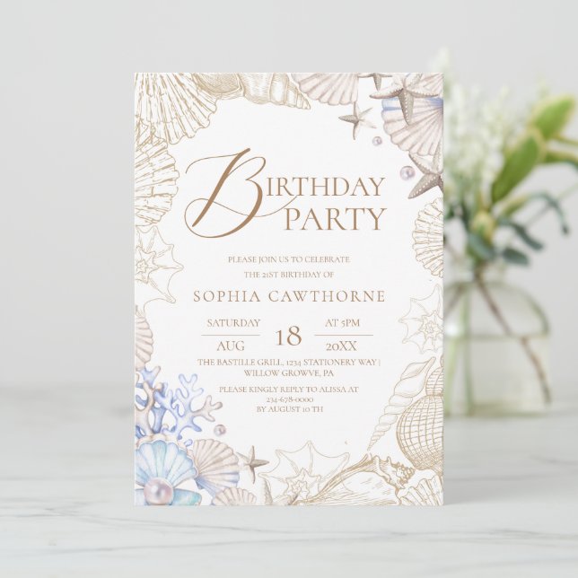 Invitation Fête d'anniversaire élégante sur la plage (Debout devant)