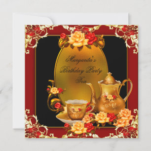 Invitation Fête d'anniversaire élégante Tasse thé vintage rou