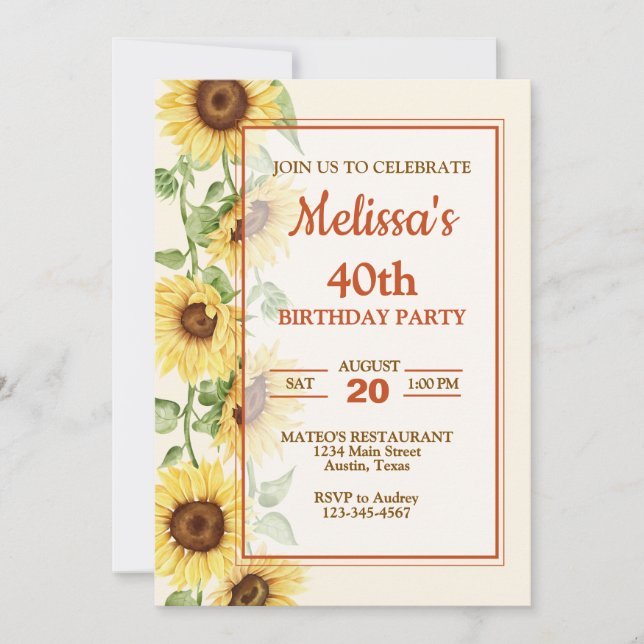 Invitation Fête d'anniversaire élégante Tournesol (Devant)