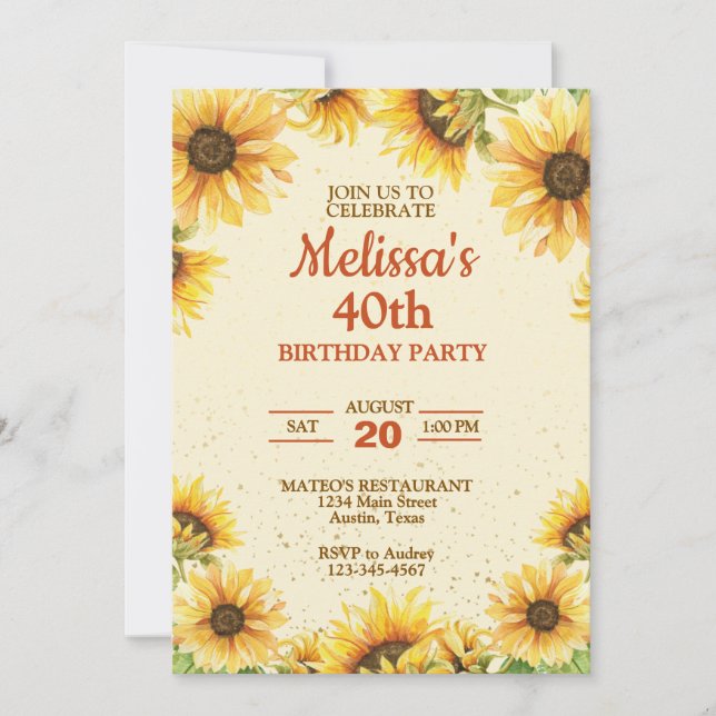 Invitation Fête d'anniversaire élégante Tournesol (Devant)