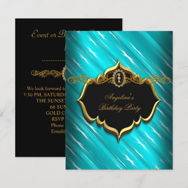 Invitation Fête d'anniversaire élégante turquoise noir or ble (Devant / Derrière)