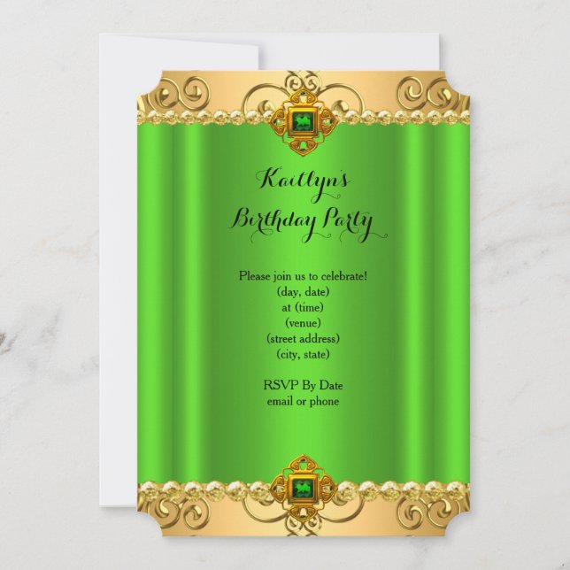 Invitation Fête d'anniversaire élégante Vert Citron Damassé O (Devant)