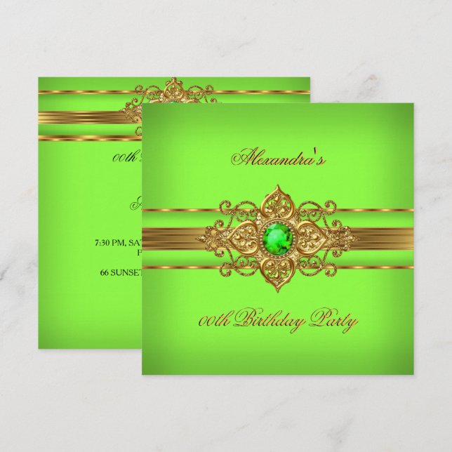 Invitation Fête d'anniversaire élégante vert citron et or bij (Devant / Derrière)