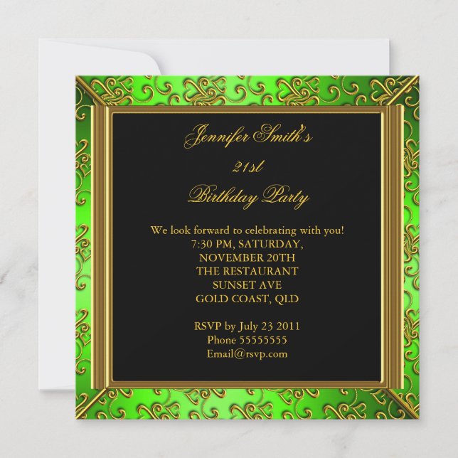 Invitation Fête d'anniversaire élégante vert citron noir or (Devant)