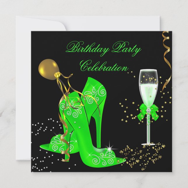 Invitation Fête d'anniversaire élégante vert citron or paille (Devant)