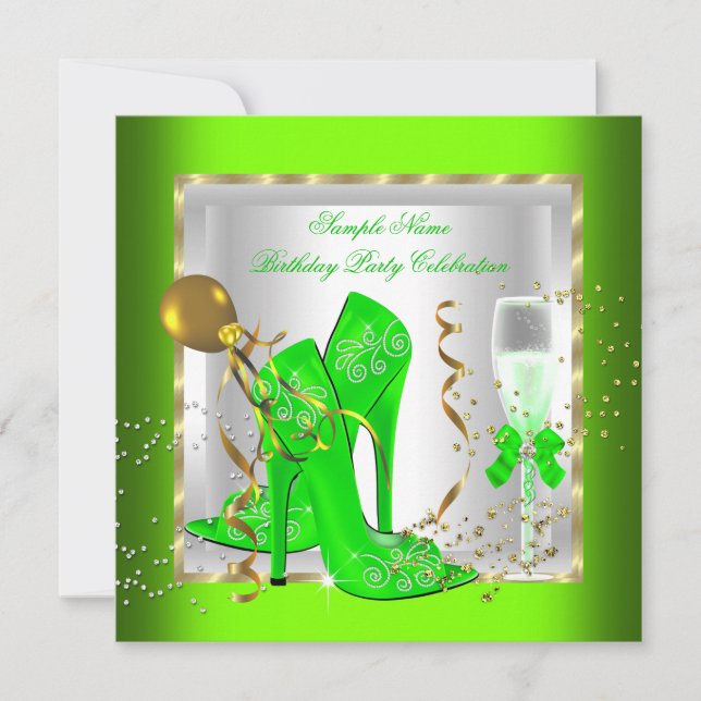Invitation Fête d'anniversaire élégante vert citron paillette (Devant)