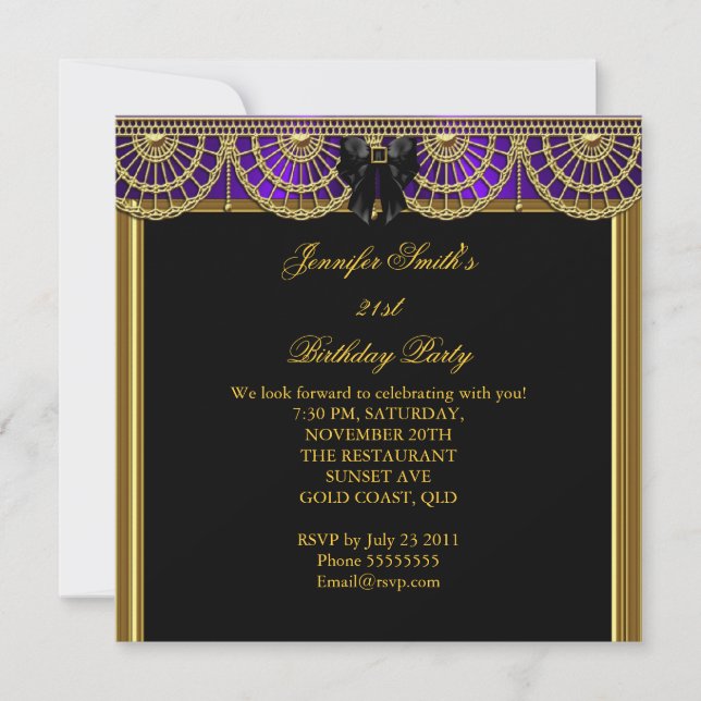 Invitation Fête d'anniversaire élégante violet noir or (Devant)