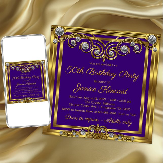 Invitation Fête d'anniversaire élégante violette et or pour f (Womans purple gold any number birthday invitation. Download and printed invitations available.)
