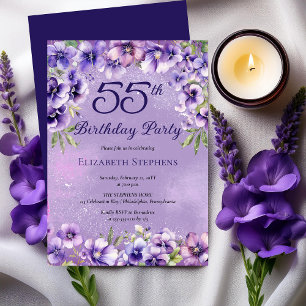 Invitation Fête d'anniversaire élégante violette violettes fl