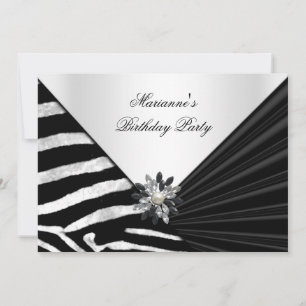 Invitation Fête d'anniversaire élégante Zèbre Noir Bijou