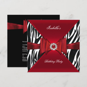 Invitation Fête d'anniversaire élégante Zèbre Rouge Diamant N