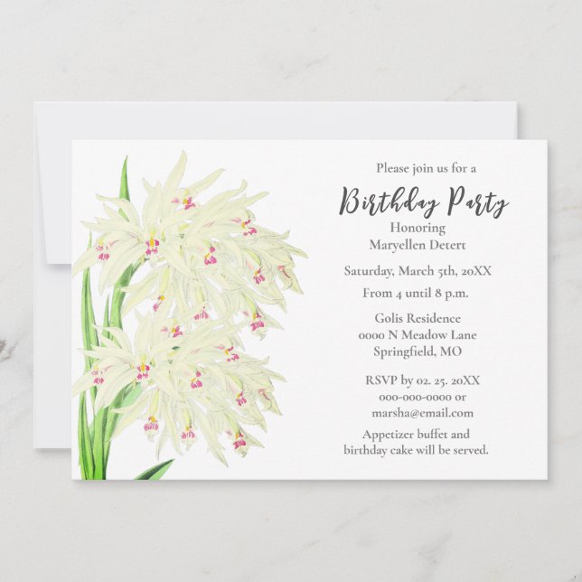Invitation Fête d'anniversaire Élégantes Orchidées Blanches p (Devant)
