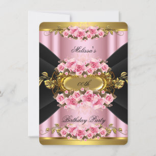 Invitation Fête d'anniversaire élégantes roses roses or noir