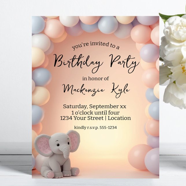 Invitation Fête d'anniversaire Éléphant Bébé et Ballons (Créateur téléchargé)