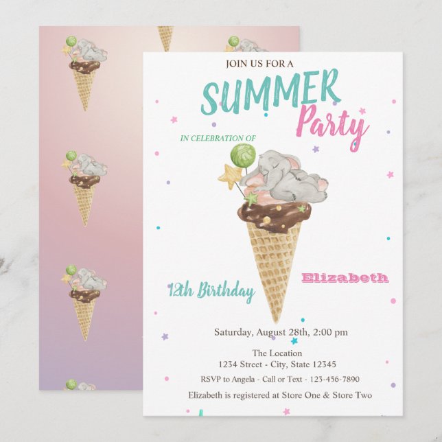 Invitation Fête d'anniversaire éléphant bébé glace à l'aquare (Devant / Derrière)