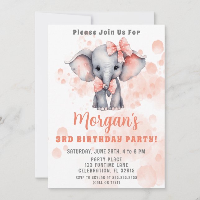 Invitation Fête d'anniversaire éléphant mignon pêche (Devant)