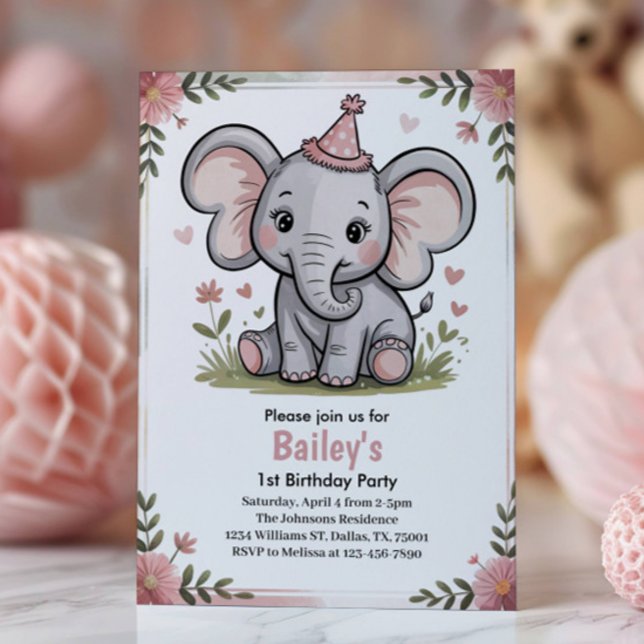 Invitation Fête d'anniversaire éléphant rose mignon pour enfa (Créateur téléchargé)