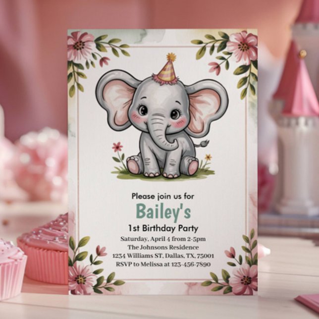 Invitation Fête d'anniversaire éléphant rose mignon pour enfa (Créateur téléchargé)