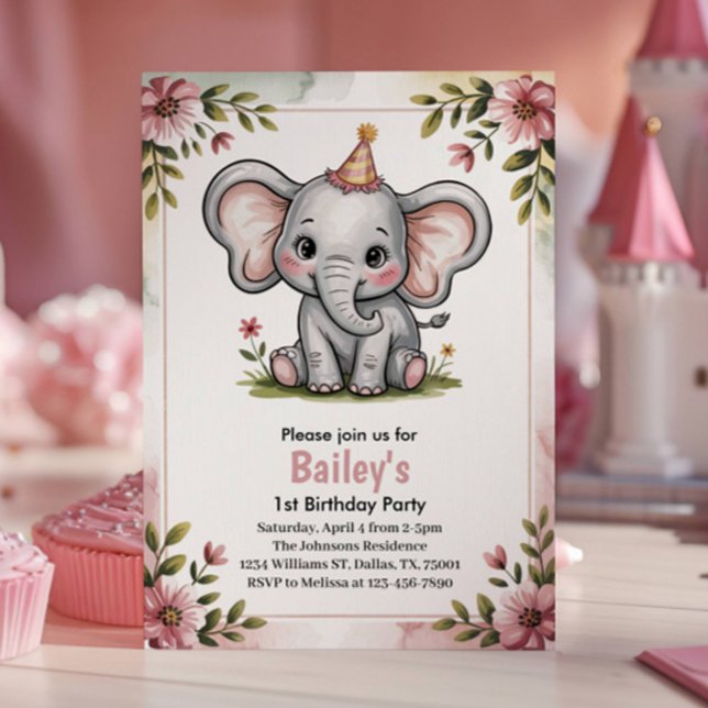 Invitation Fête d'anniversaire éléphant rose mignon pour enfa (Créateur téléchargé)