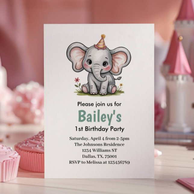 Invitation Fête d'anniversaire éléphant rose mignon pour fill (Créateur téléchargé)
