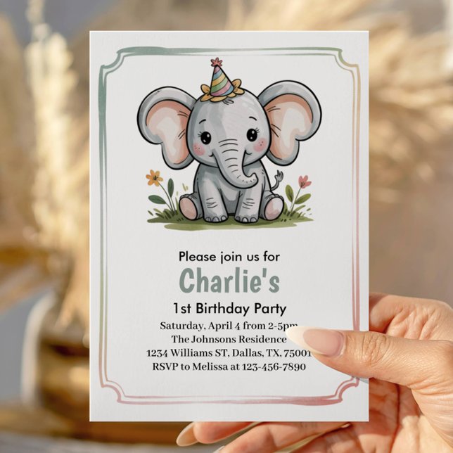 Invitation Fête d'anniversaire éléphant vert mignon pour enfa (Créateur téléchargé)