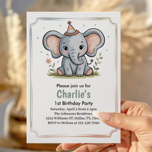 Invitation Fête d'anniversaire éléphant vert mignon pour enfa (Créateur téléchargé)