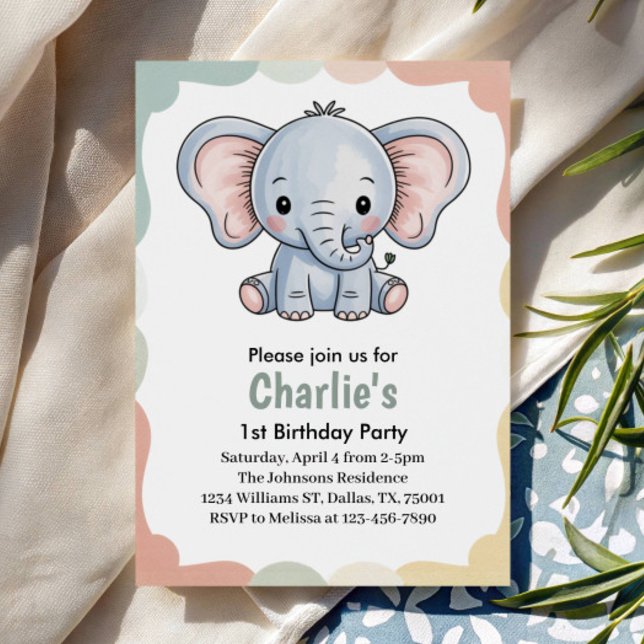 Invitation Fête d'anniversaire éléphant vert mignon pour enfa (Créateur téléchargé)