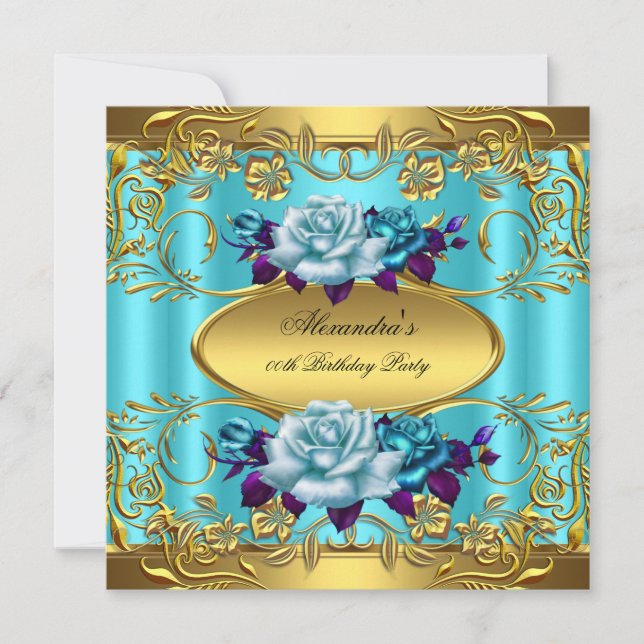 Invitation Fête d'anniversaire élite roses bleu sarcelle doré (Devant)
