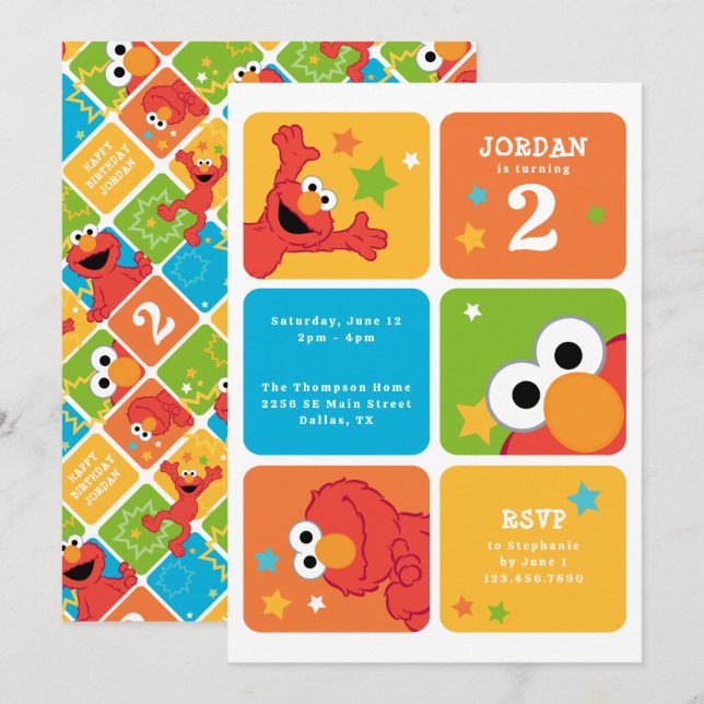 Invitation Fête d'anniversaire Elmo Color Block (Devant / Derrière)