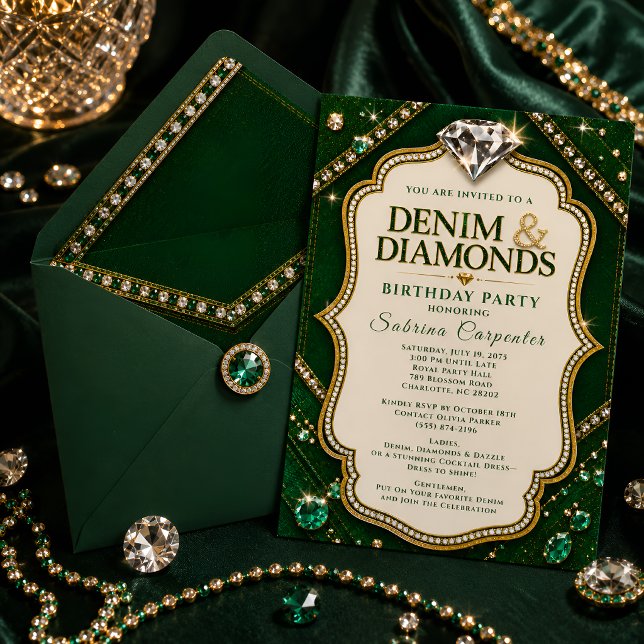 Invitation Fête d'anniversaire Emerald Gold Denim & Diamonds (Créateur téléchargé)
