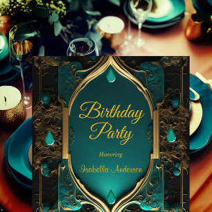 Invitation Fête d'anniversaire émeraude jade ornementale or