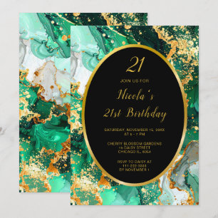 Invitation Fête d'anniversaire en Agate Marbre Vert Emeraude