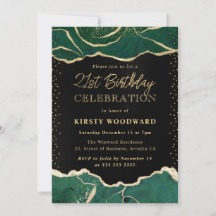 Invitation Fête d'anniversaire en agate verte et dorée scinti
