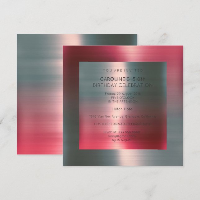 Invitation Fête d'anniversaire en argent rouge rose métalliqu (Devant / Derrière)
