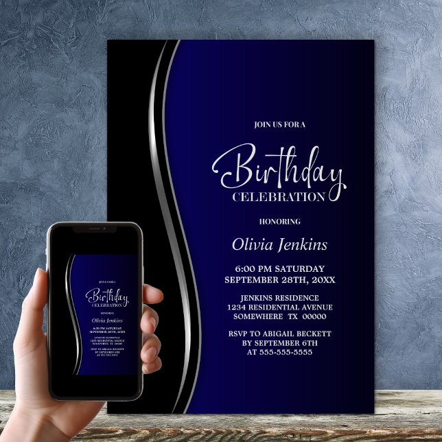 Invitation Fête d'anniversaire en bleu noir (Créateur téléchargé)