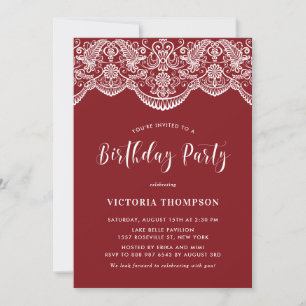 Invitation Fête d'anniversaire en Brocade Blanc sur fond Roug