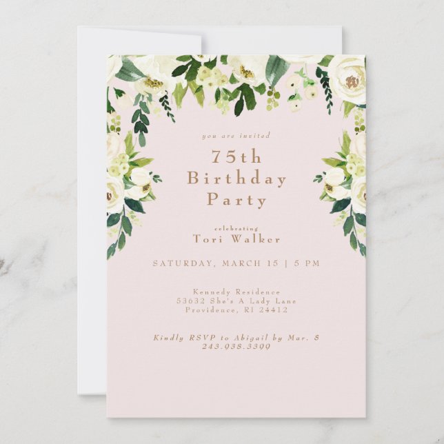 Invitation Fête d'anniversaire en cascade à la florale blanch (Devant)