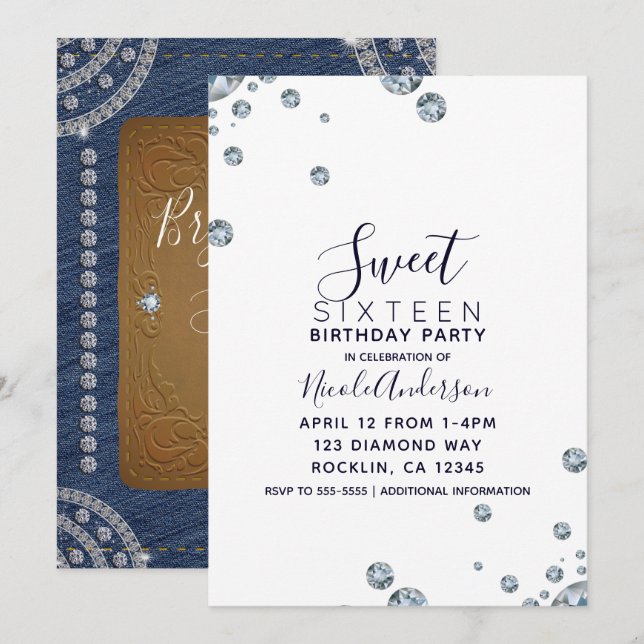 Invitation Fête d'anniversaire en cuir Denim & Diamonds Sweet (Devant / Derrière)