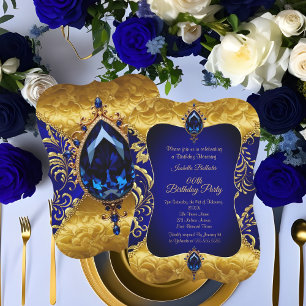 Invitation Fête d'anniversaire en damas or bleu royal