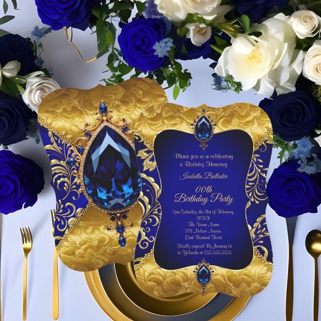 Invitation Fête d'anniversaire en damas or bleu royal (Créateur téléchargé)
