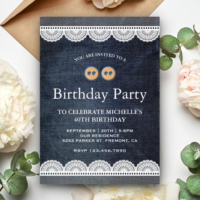 Invitation Fête d'anniversaire en denim bleu avec dentelle bl (Créateur téléchargé)