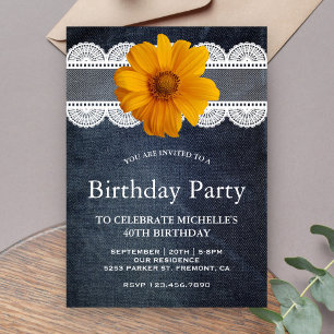Invitation Fête d'anniversaire en denim country avec dentelle