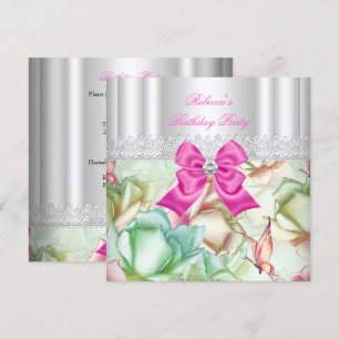 Invitation Fête d'anniversaire en dentelle florale rose bleu 