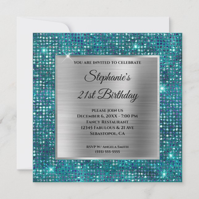 Invitation Fête d'anniversaire en feuille d'argent bleu sarce (Devant)