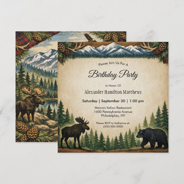 Invitation Fête d'anniversaire en forêt rustique  (Devant / Derrière)