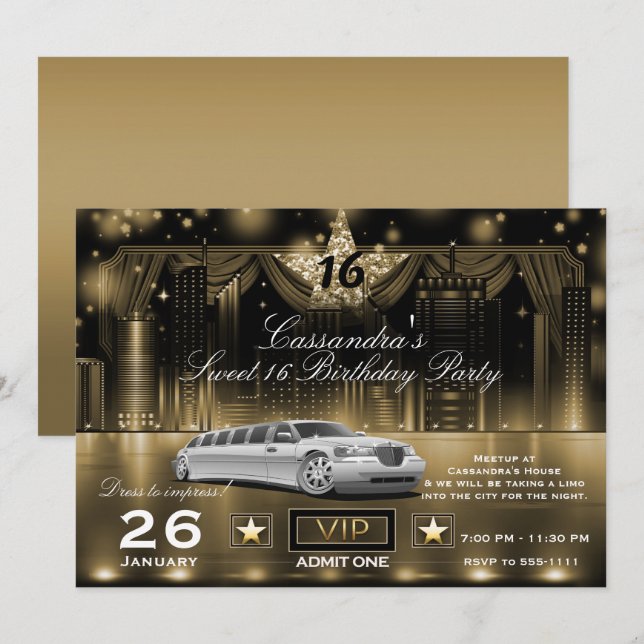 Invitation Fête d'anniversaire en limousine avec lumières noc (Devant / Derrière)