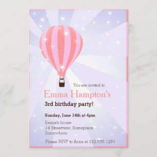 Invitation Fête d'anniversaire en montgolfière aux coeurs vio