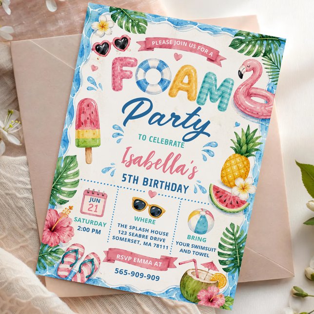 Invitation Fête d'anniversaire en mousse d'été  (Créateur téléchargé)